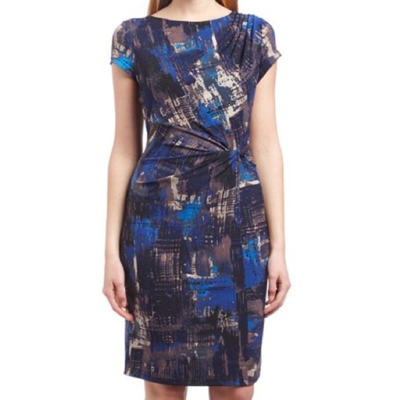 Ellen Tracy Size 10 Blue Brushstroke Front-Twist Lined A-Line Dress: 4917 - Picture 1 of 8